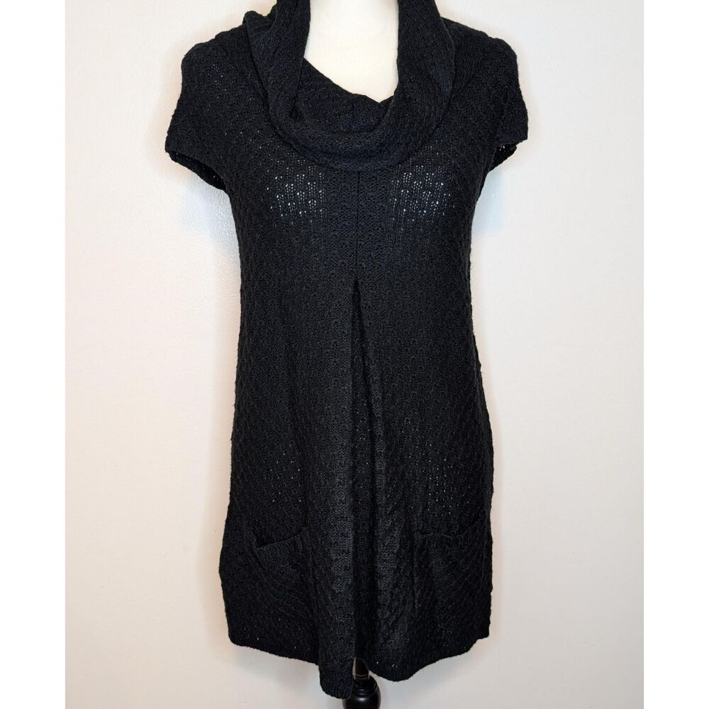 Energie Womens Black Open Knit Cowl Neck Short Sleeve Tunic Mini Sweater Dress